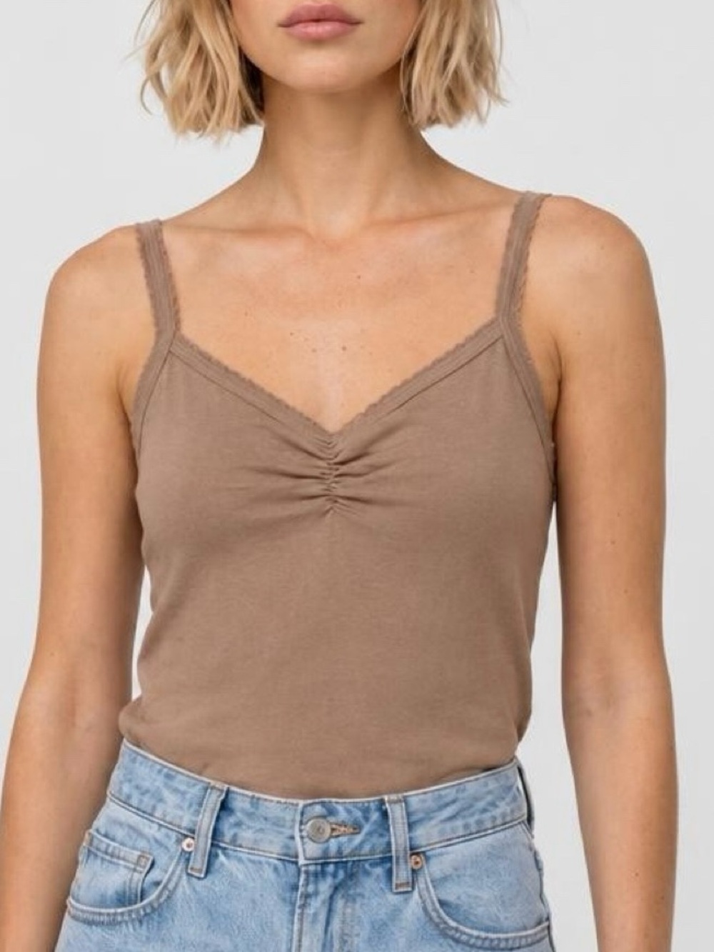 AMO Scallop Knit Cami Tank Top Putty Taupe Brown Cotton Womens Size Large L